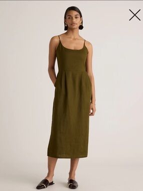 Quince 100% European Linen Scoop Neck Midi Dress in Martini Olive